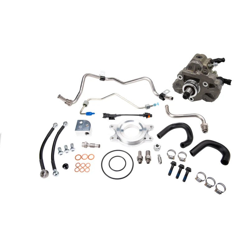 Fleece Performance LML CP3 conversion kit with Bosch injection pump, molded hoses, mounting adapter, and hardware.