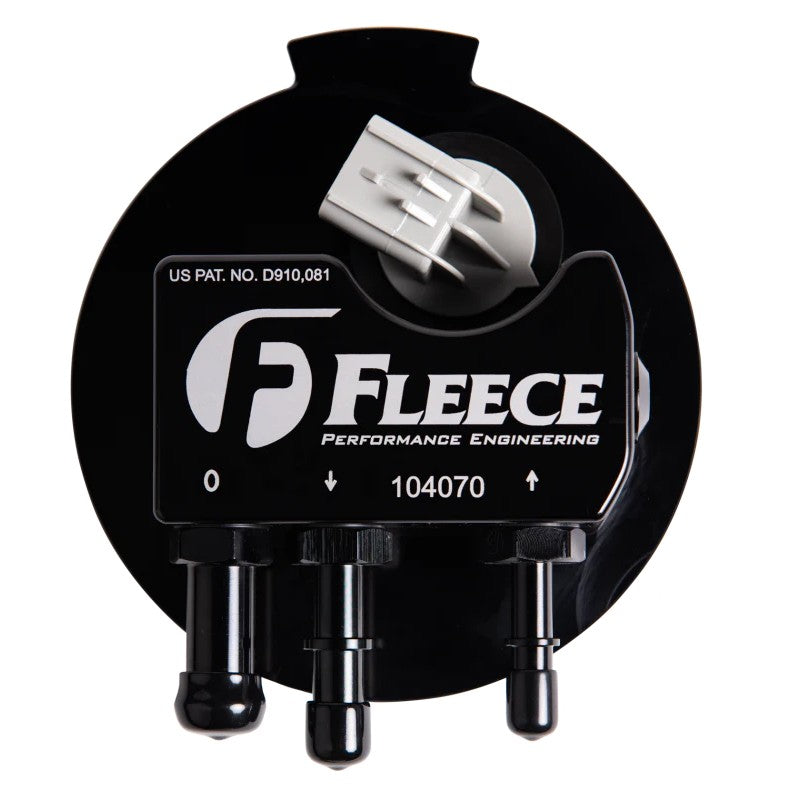 Fleece Performance SureFlo sending unit featuring a billet aluminum cap, fuel float, and -8 AN ports.