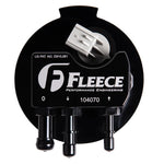 Fleece Performance SureFlo sending unit featuring a billet aluminum cap, -8 AN ports, and integrated fuel level float.