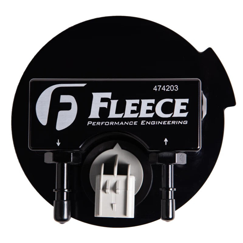 Fleece Performance SureFlo sending unit with billet aluminum cap, fuel float, and universal -8 AN ports.