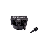 Anodized black billet aluminum fuel filter bypass block with quick-disconnect fittings for 6.7L Powerstroke engines.