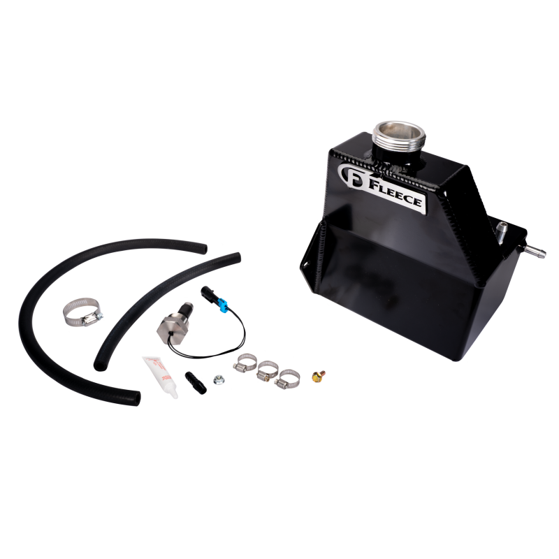 Gloss black fabricated aluminum coolant reservoir for 2013-2018 Ram 2500/3500 6.7L Cummins with mounting hardware.