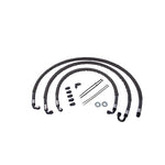 Fleece Performance heavy duty transmission cooler lines with 5/8 inch hoses, AN fittings, and black protective sleeves.