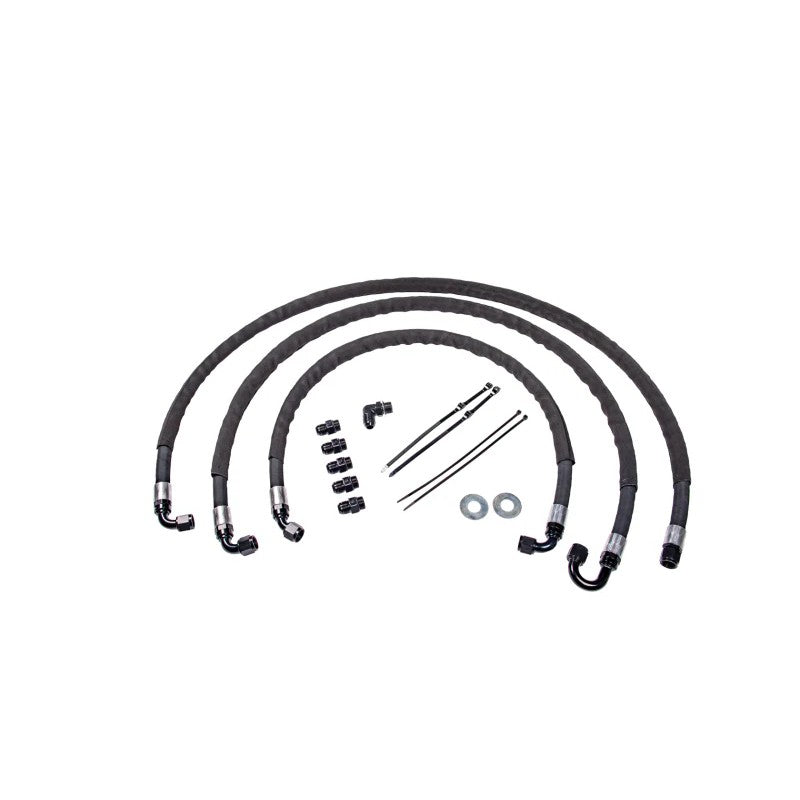 Fleece Performance heavy duty transmission cooler lines with 5/8 inch hoses, AN fittings, and black protective sleeves.