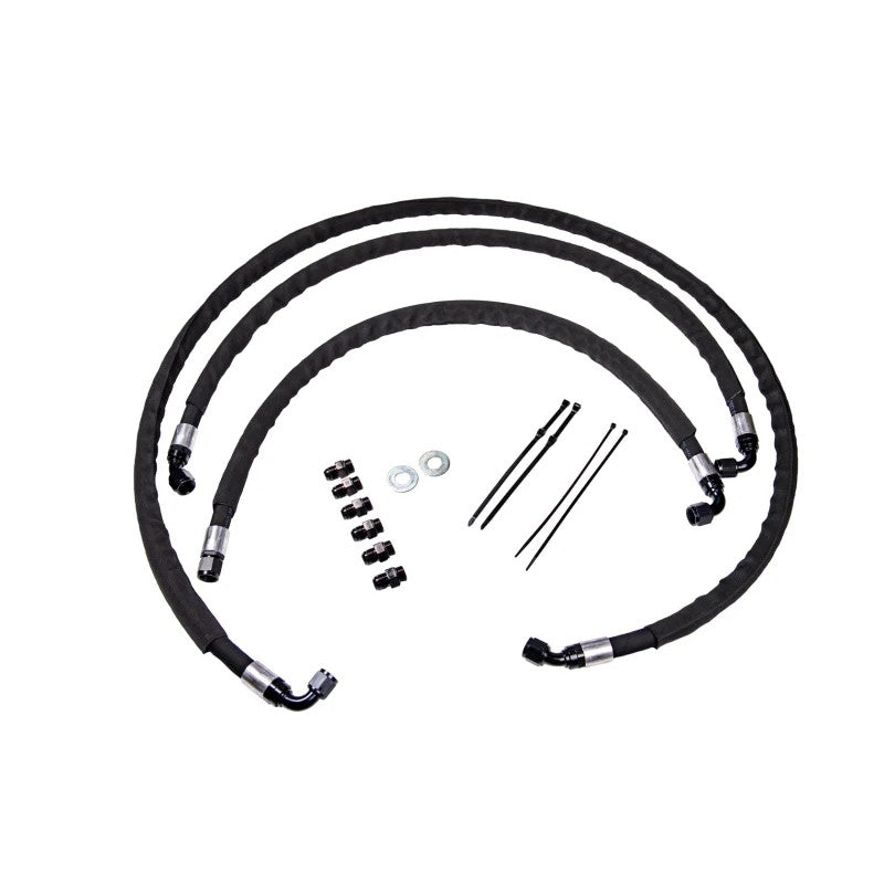 Fleece Performance L5P Duramax heavy duty transmission cooler line kit with 5/8 inch ID hoses and protective sleeves.