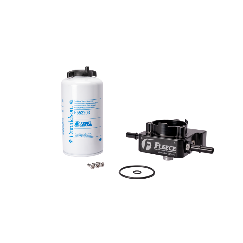Fleece Performance L5P fuel filter upgrade kit featuring an anodized billet aluminum base and Donaldson spin-on filter.