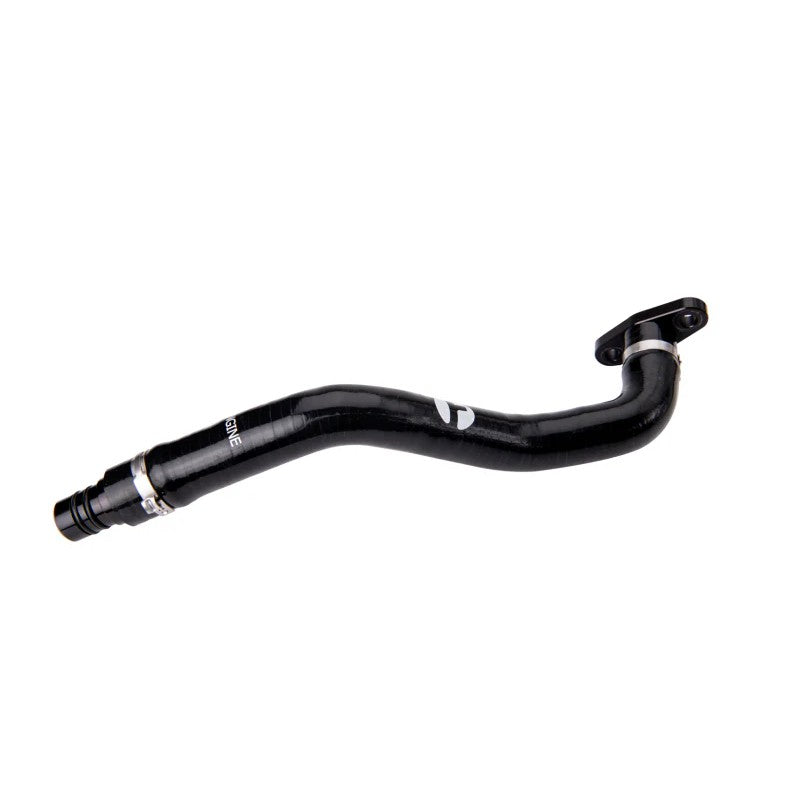 Fleece Performance turbo drain kit featuring a black silicone hose and black anodized billet aluminum fittings.
