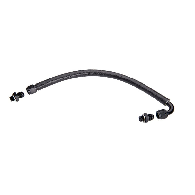 Fleece Performance -6 AN turbocharger oil feed line with Teflon hose, thermal heat shield, and aluminum fittings.