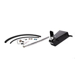 Gloss black powder-coated fabricated aluminum coolant expansion tank with integrated low coolant float switch.