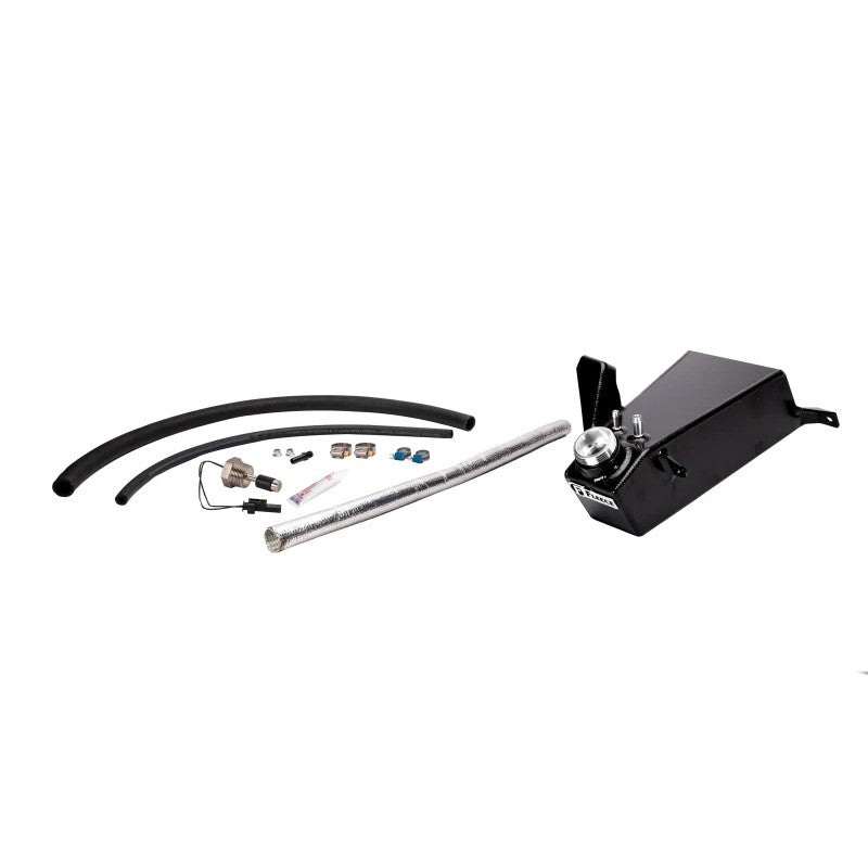 Gloss black powder-coated fabricated aluminum coolant expansion tank with integrated low coolant float switch.