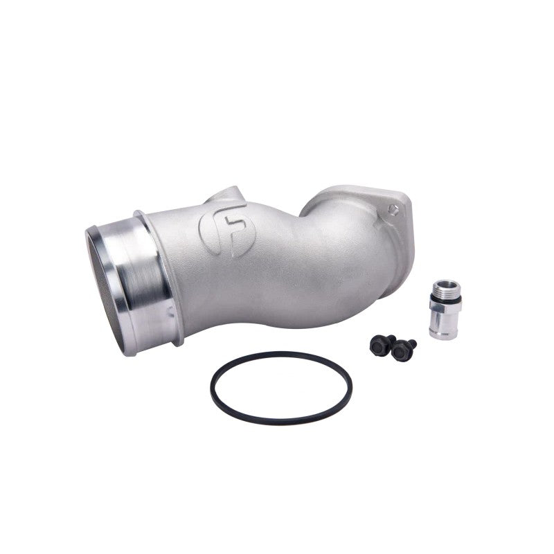 Fleece Performance cast aluminum high flow intake horn with billet PCV fitting and hardware for 6.6L L5P Duramax.