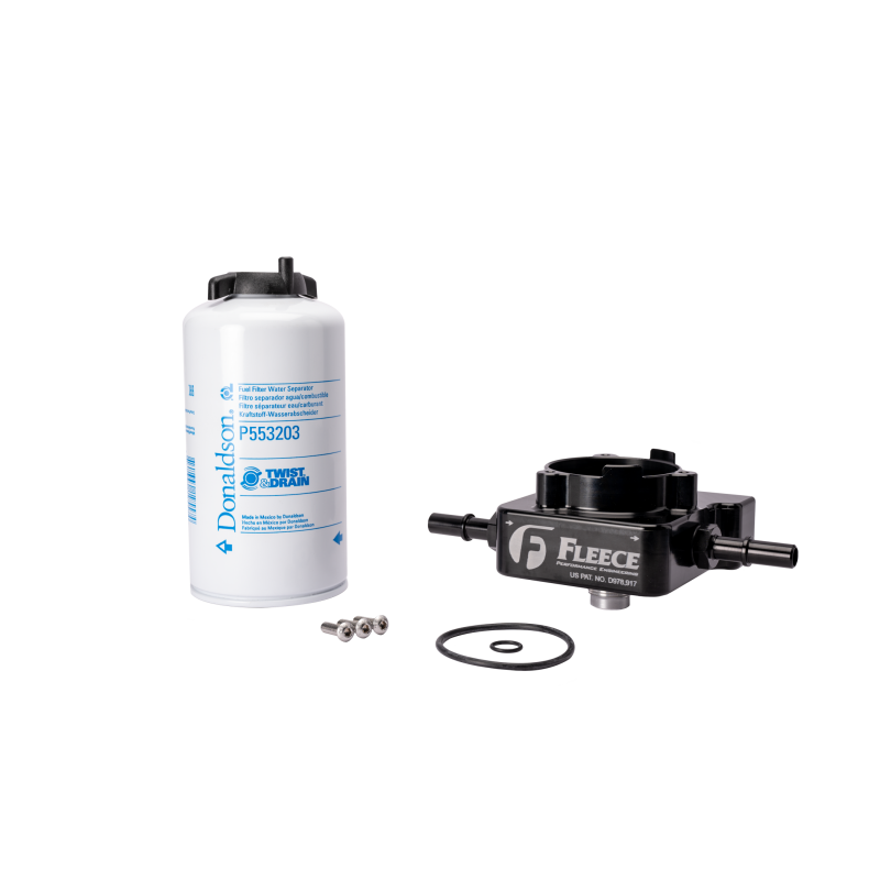 Fleece Performance L5P fuel filter upgrade kit featuring an anodized billet aluminum base and Donaldson spin-on filter.