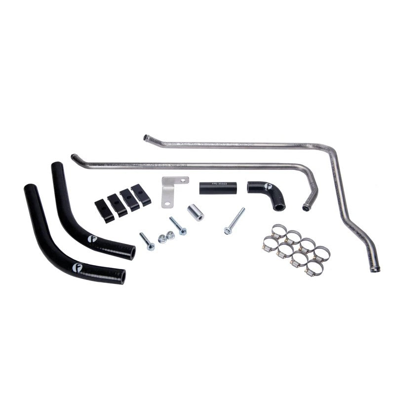 Fleece Performance stainless steel heater core line kit with silicone hoses and billet clamps for Dodge 5.9L Cummins.