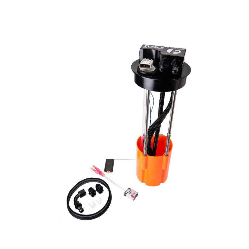 Fleece Performance SureFlo sending unit featuring a billet aluminum cap, fuel float, and universal -8 AN ports.
