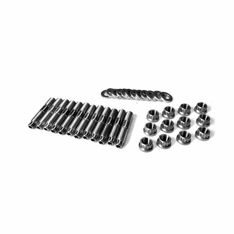 Fleece Performance stainless steel exhaust manifold studs with 12-point nuts and 4mm internal hex heads.
