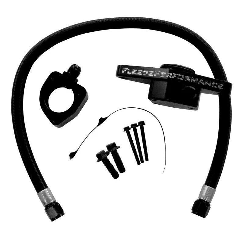 Fleece Performance VP Coolant Bypass Kit featuring braided hoses, AN fittings, and secondary thermostat housing.