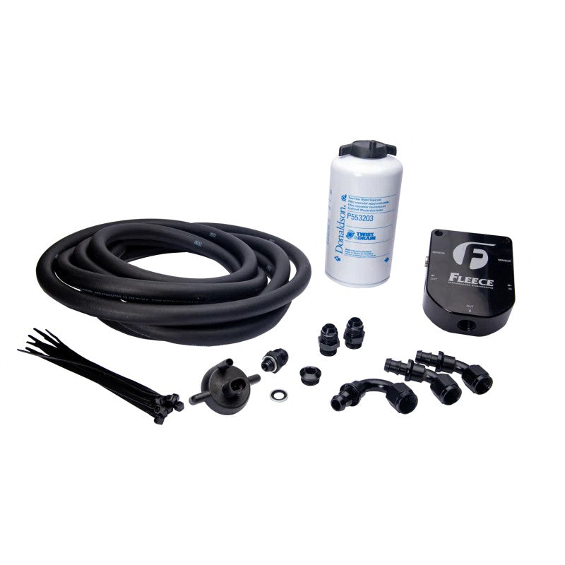 Fleece Performance auxiliary fuel filter kit featuring a Donaldson filter, mounting base, and fuel lines for Dodge Ram.