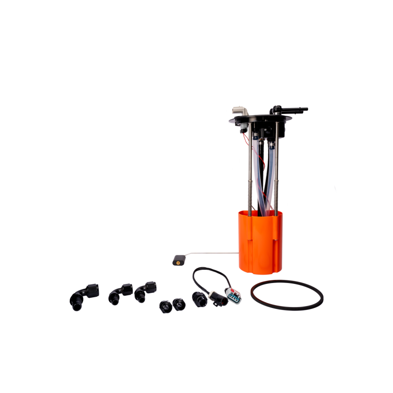 Fleece Performance SureFlo sending unit with billet aluminum cap and -8 AN ports for 1999-2007 Ford Powerstroke trucks.