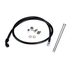 Fleece Performance remote turbo oil feed line kit with Teflon hose, AN fittings, and galley plugs for 6.6L Duramax engines.