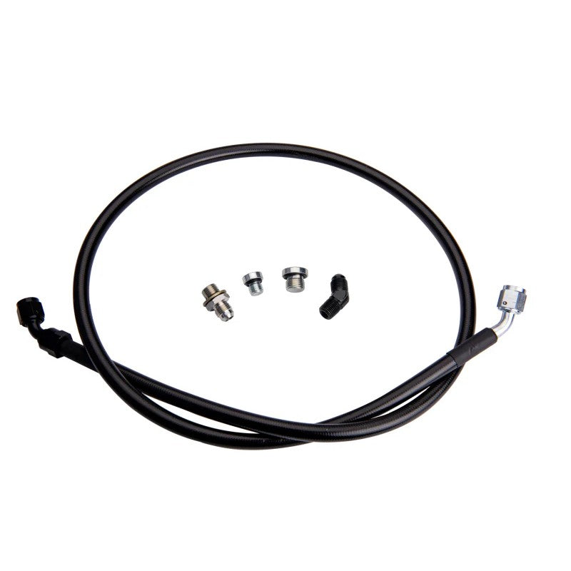 Fleece Performance remote turbo oil feed line kit with Teflon hose, AN fittings, and 1/4 NPT adapter for Duramax engines.