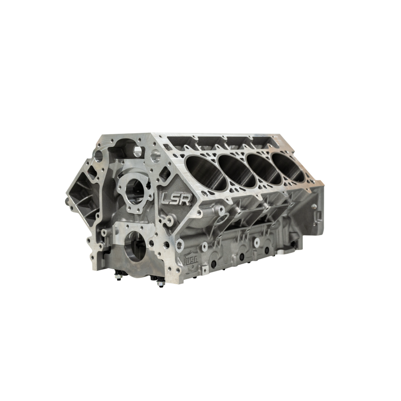 Fleece Performance LSR GM Gen V LT standard deck aluminum race block featuring billet main caps and reinforced exoskeleton.