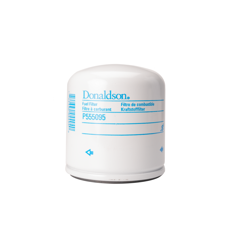 White Donaldson P555095 spin-on fuel filter for Fleece Performance 6.7L Powerstroke engine mounted assemblies.