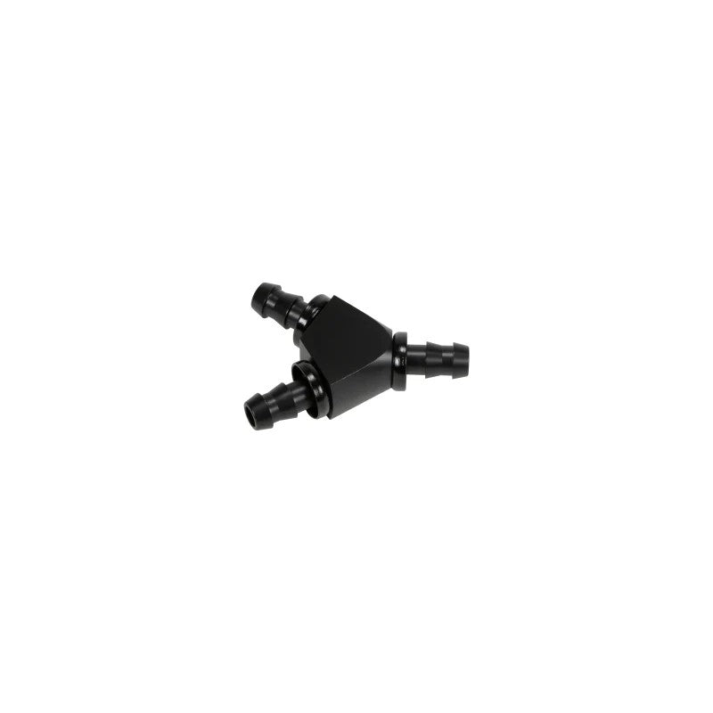 Black anodized aluminum Y-barbed fitting for 3/8-inch -6 pushlock hose applications.