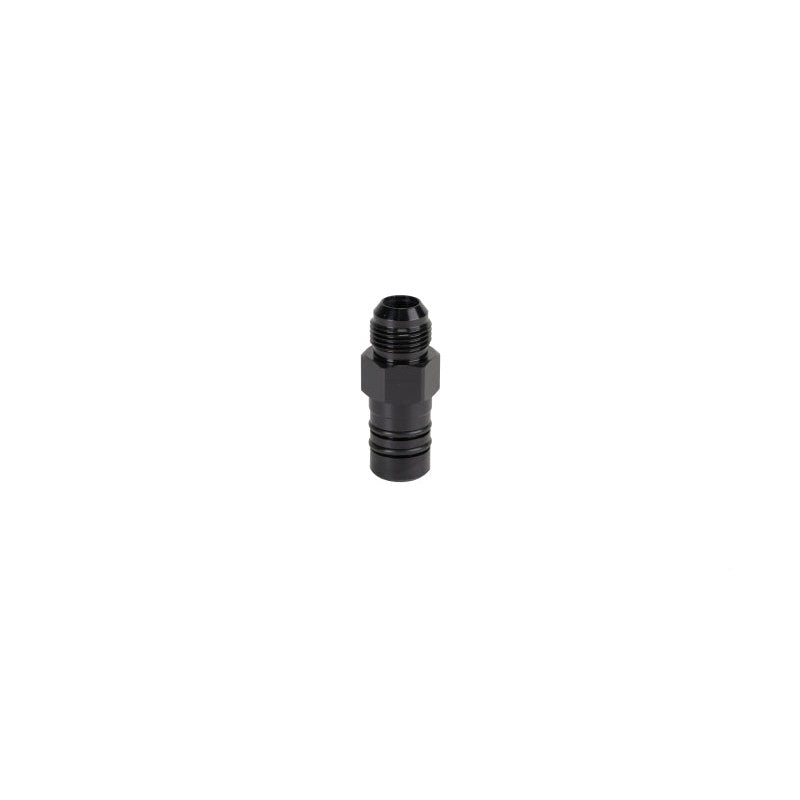 Black anodized 6061 aluminum Fleece Performance turbo drain tube adapter with -10 AN fitting and O-rings.