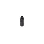 Black anodized 6061 aluminum Fleece Performance turbo drain tube adapter with -10 AN fitting and O-rings.