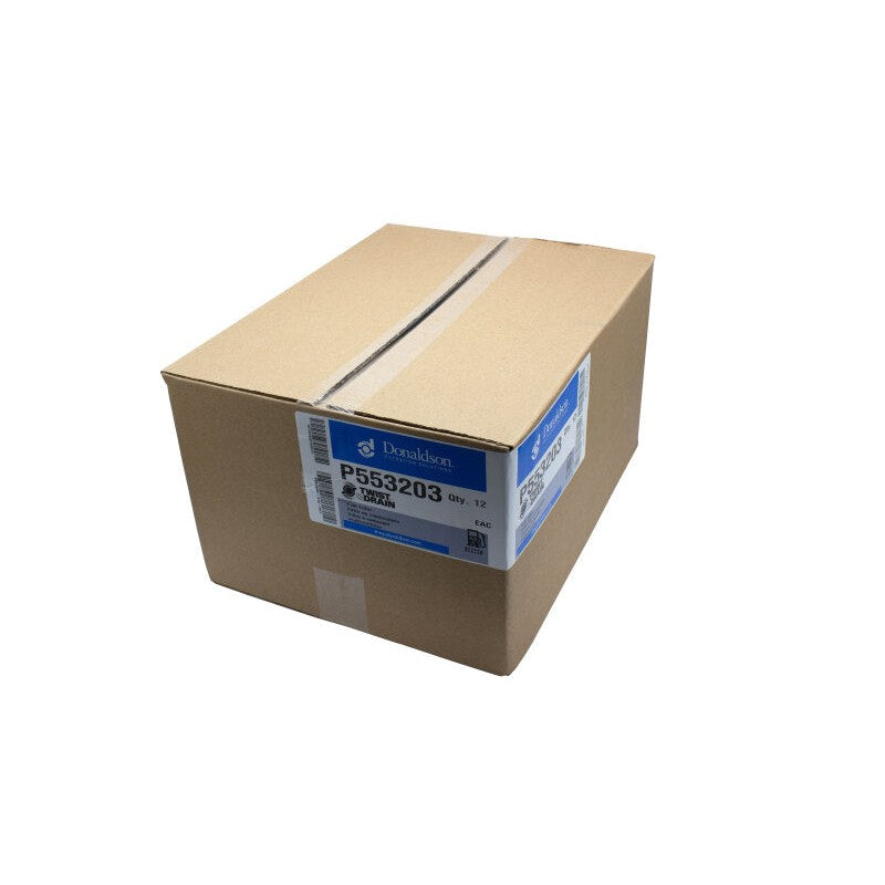 Twelve-pack case of Donaldson P553203 spin-on fuel filters with Fleece Performance branding.