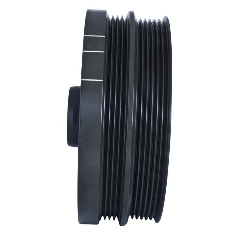 Black zinc-finished Fluidampr 640901 steel harmonic damper with engraved timing marks for Nissan VQ35DE engines.
