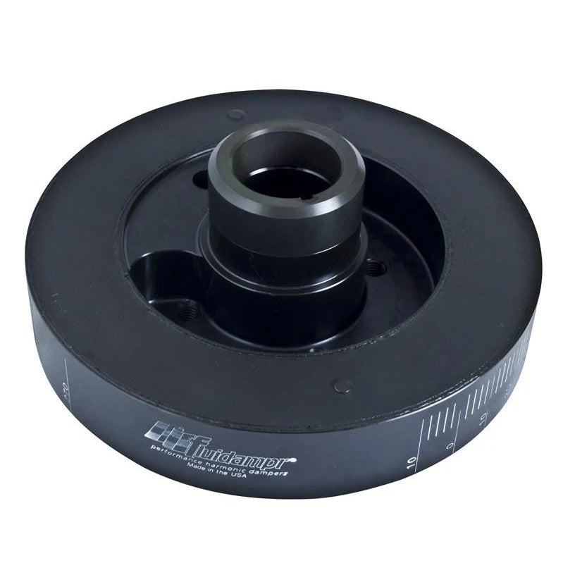 Fluidampr 800141 black zinc steel viscous damper with engraved timing marks for GM 6.2L and 6.5L diesel engines.