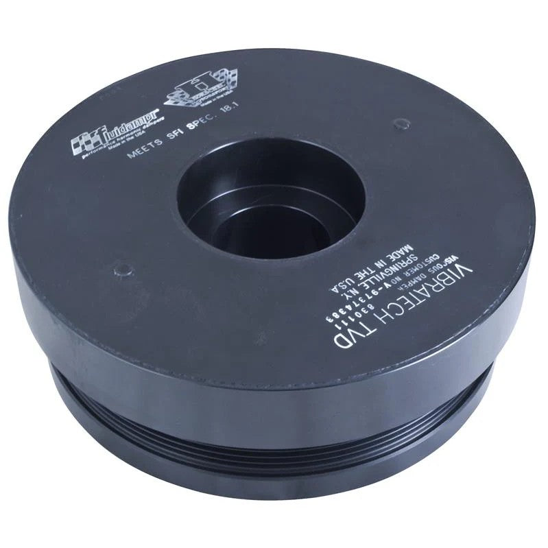 Fluidampr black zinc finished steel externally balanced harmonic damper for 6.6L GM Duramax engines with timing marks.