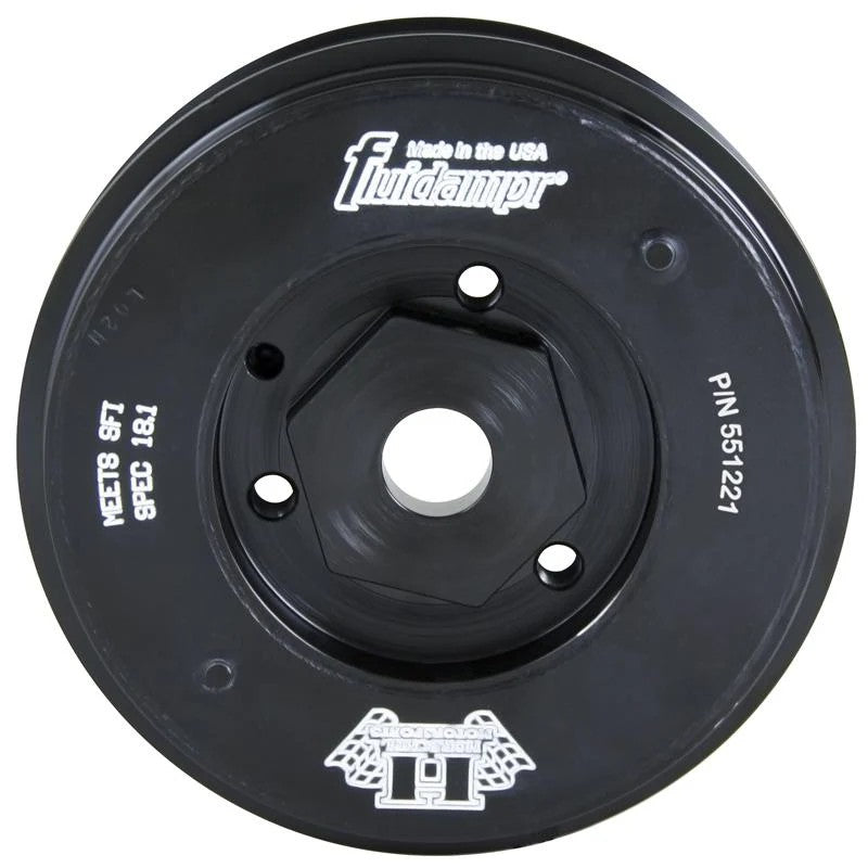 Fluidampr 551221 steel internally balanced viscous engine damper with black zinc finish and engraved timing marks.