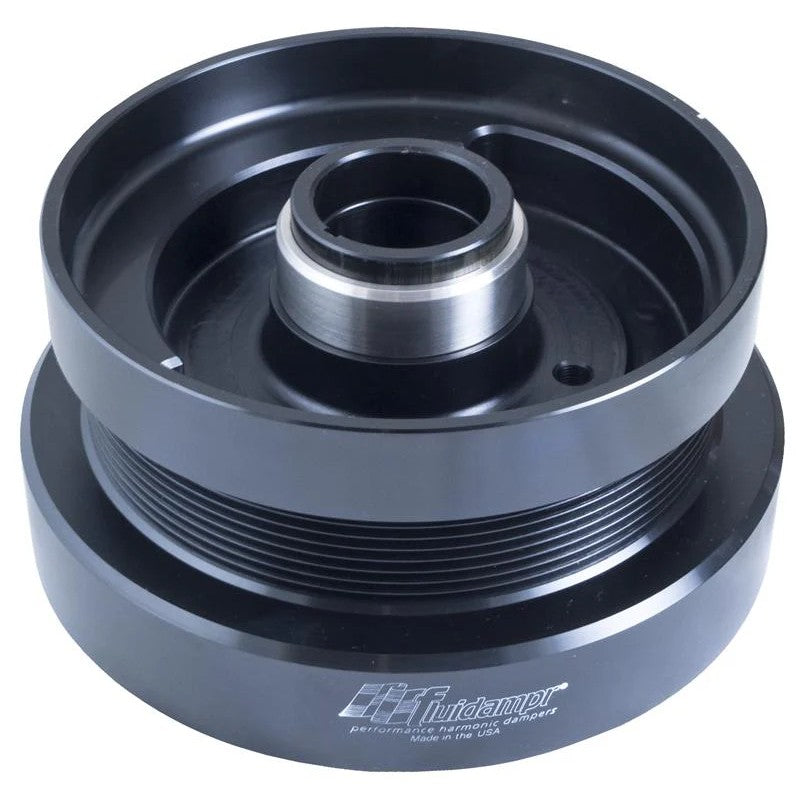 Fluidampr black zinc finished steel externally balanced harmonic damper for Ford 7.3L PowerStroke diesel engines.