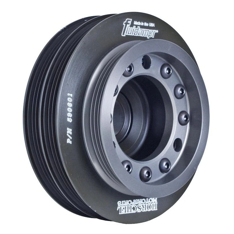 Fluidampr black zinc steel harmonic balancer with accessory pulleys for Honda and Acura B-Series engines.