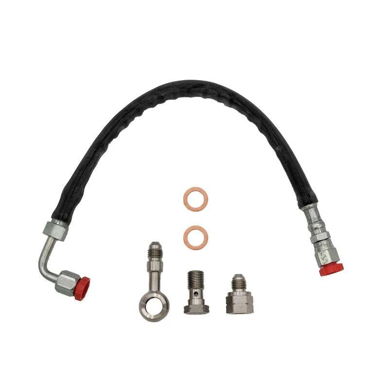Forced Performance FA20 style turbocharger oil supply line and fittings for Subaru engines.