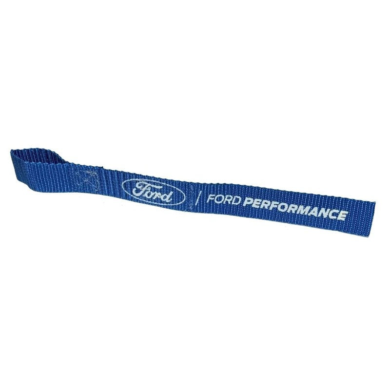 Ford Performance Blue winch pull strap with white logo for 2021-2024 Ford Bronco recovery winches.