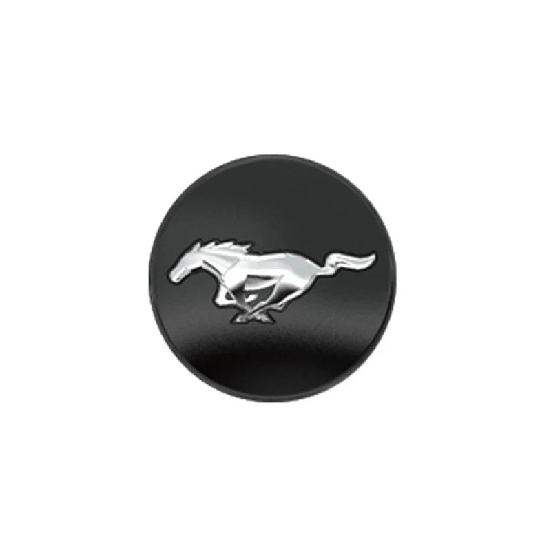 Ford Racing wheel center cap featuring a chrome running horse emblem on a black background for 19-inch Mustang wheels.