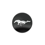 Ford Racing wheel center cap featuring a chrome running horse emblem on a black background for 19-inch Mustang wheels.