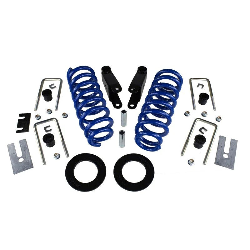 Ford Racing M-3000-H4A lowering kit featuring front coil springs, rear shackles, urethane bushings, and strut spacers.