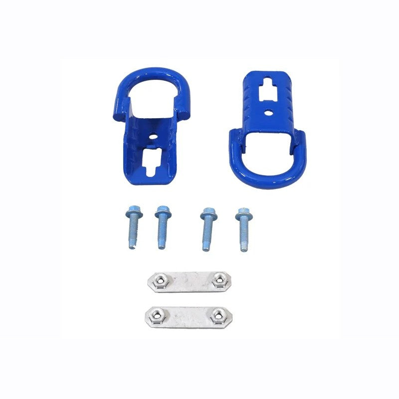Pair of Ford Performance blue powder-coated steel front tow hooks for 2015-2025 Ford F-150 trucks.