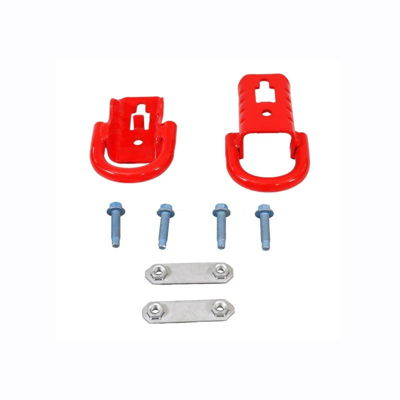 Pair of Ford Performance red powder-coated steel tow hooks for 2015-2025 Ford F-150.