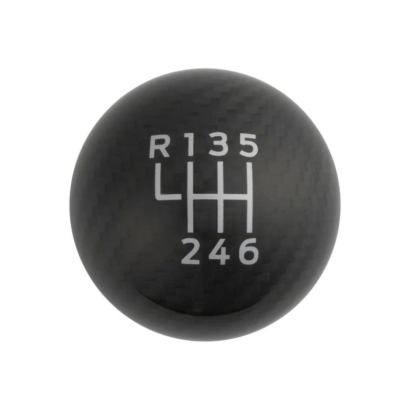 High-gloss carbon fiber shift knob with white 6-speed gear pattern for 2015-2025 Ford Mustang.