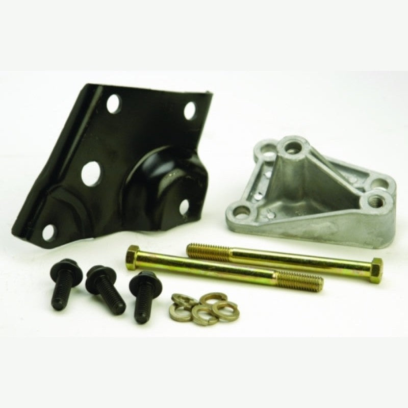 Ford Racing two-piece A/C eliminator bracket and hardware for 1985-1993 Mustang power steering relocation.