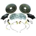 Ford Racing M-2300-S brake kit with 14-inch rotors, black 4-piston Brembo calipers, and braided stainless steel lines