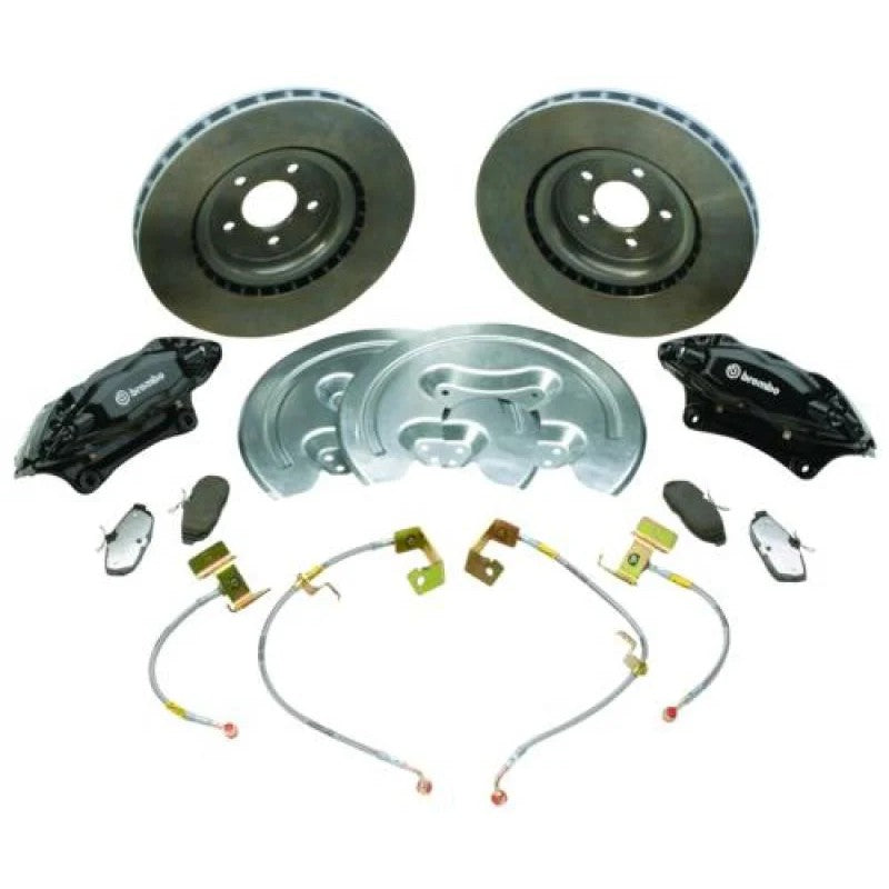 Ford Racing M-2300-S brake kit with 14-inch rotors, black 4-piston Brembo calipers, and braided stainless steel lines
