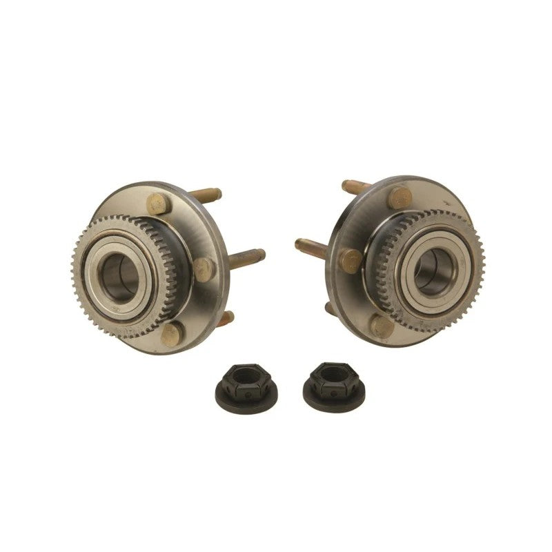 Ford Racing front wheel hub assembly with extended gold-finish ARP wheel studs installed.