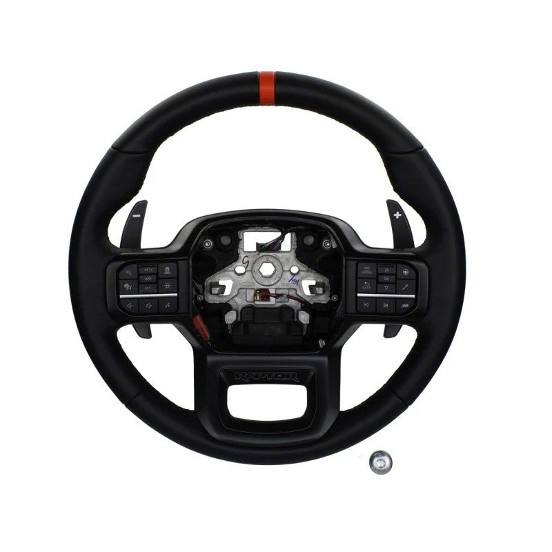 Ford Performance Raptor steering wheel kit featuring black perforated leather, paddle shifters, and controls.