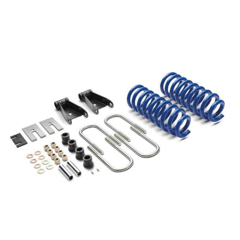 Ford Racing M-3000-H4B lowering kit including coil springs, strut spacers, and rear shackles for 2021-2025 Ford F-150.